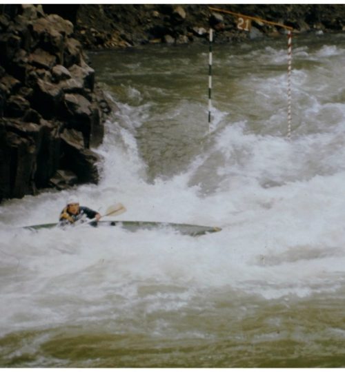 The first slalom race in Oregon.  Clackamas River, 1970
